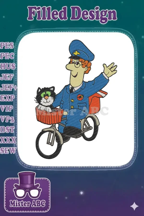 Postman Pat and Jess the cat on a bicycle, waving hello, a vibrant and detailed embroidery design.