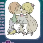 Sweet boy and girl kissing romantic love embroidery designs - Instant Download
