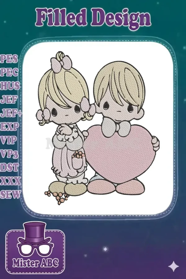 An endearing embroidery design showing a boy and girl in the style of Precious Moments, lovingly holding a pink heart.