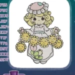 Sweet Blonde Girl Holding Cheerful Sunflowers and Tulips Embroidery Designs - Instant Download