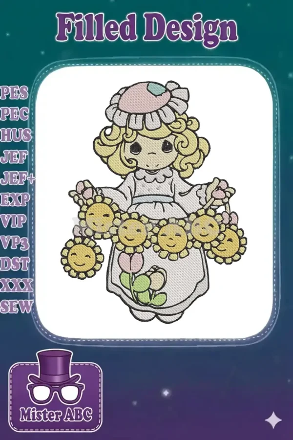 An adorable embroidery design of a blonde Precious Moments-style doll in a frilly hat, holding smiling suns.