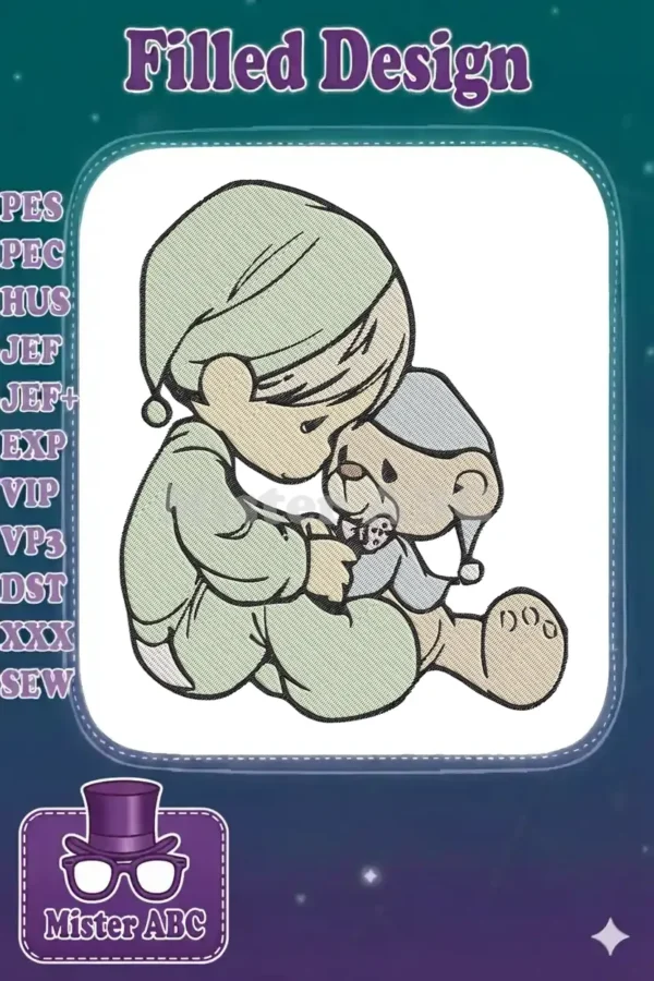 Embroidery design of a child in sleepwear hugging a teddy bear, both wearing nightcaps, on a white background.