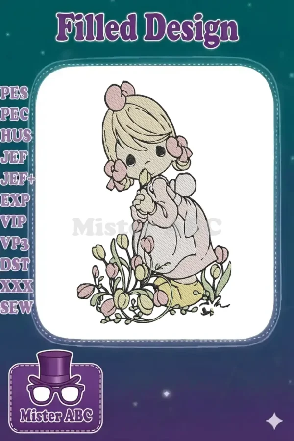 A delightful embroidery design of a Precious Moments-style girl, kneeling softly amidst a cluster of blooming pastel tulips.