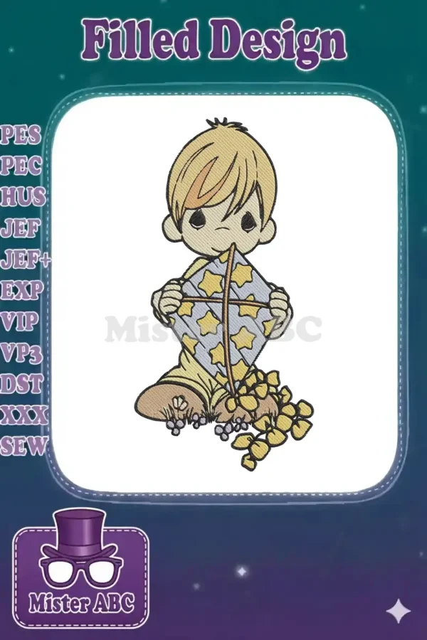 A delightful embroidery design of a Precious Moments style boy with blonde hair, holding a blue kite with yellow stars. He's sitting amidst green foliage.