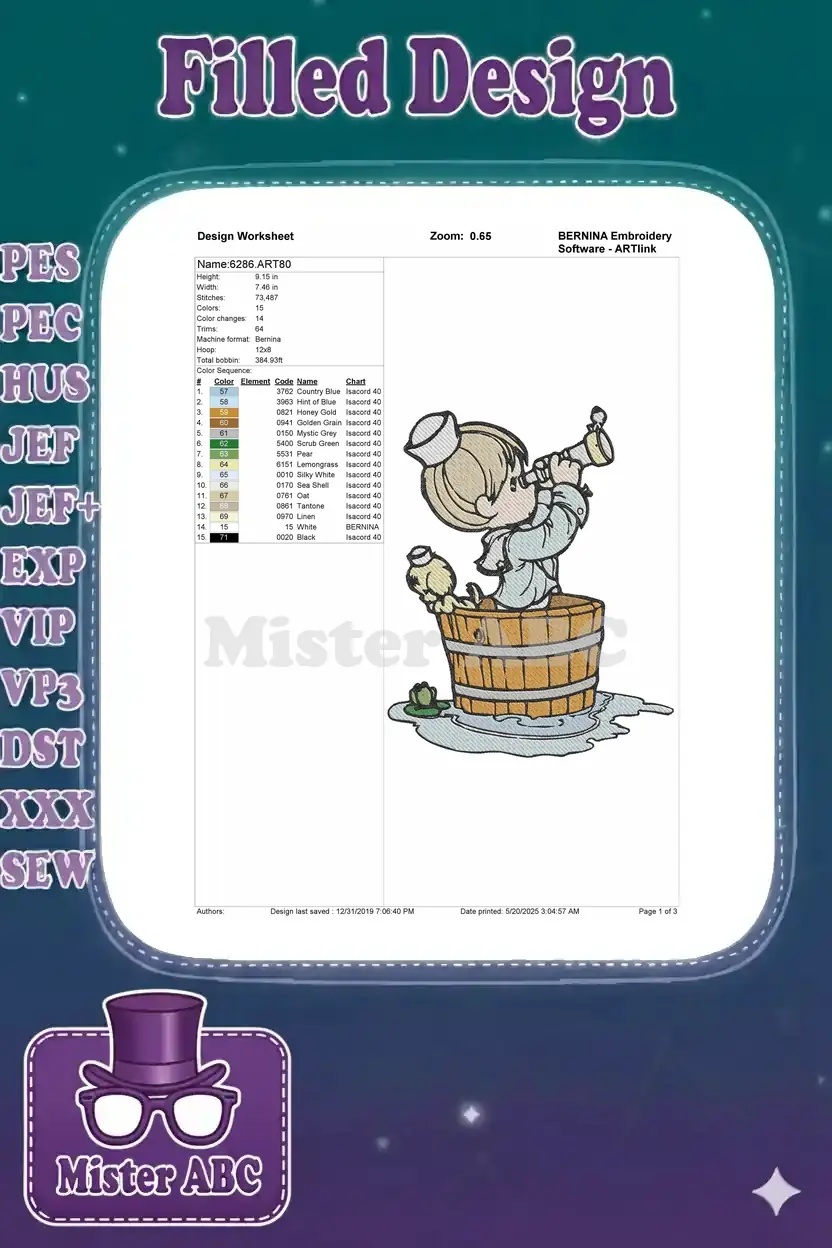 Embroidery design worksheet for '6286.ART80' showing dimensions, stitch count, 15 colors, and hoop size.