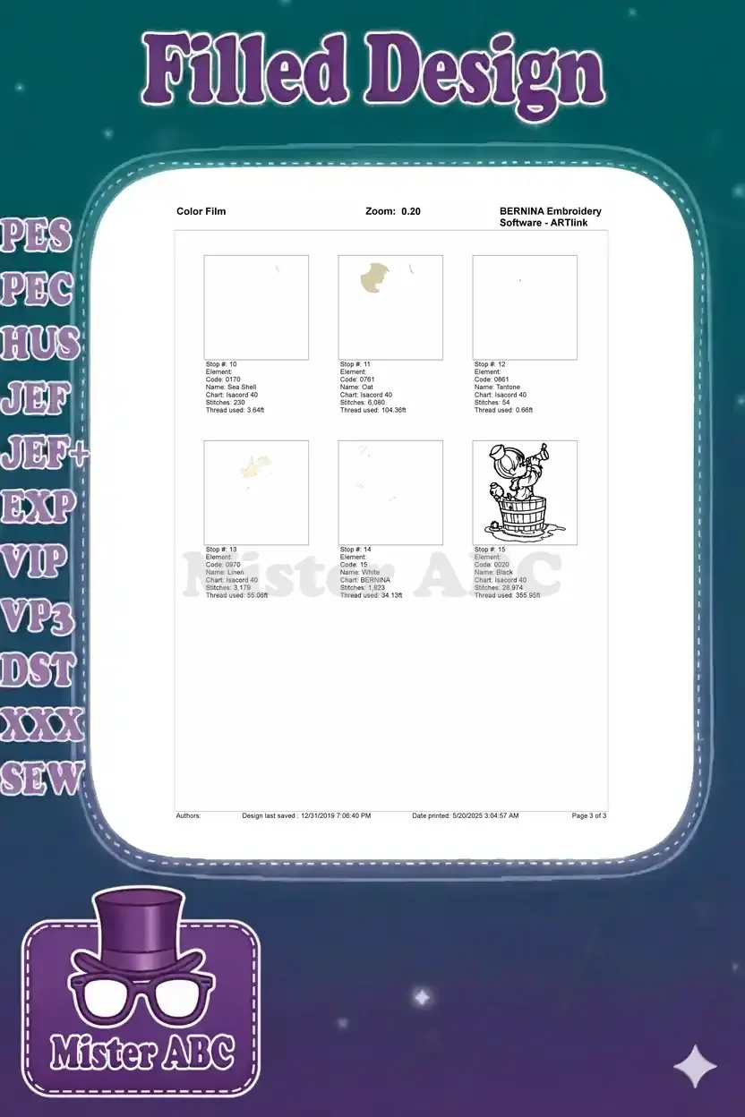 Color film sequence (page 3 of 3) for embroidery design, showing final 6 color stops and full design.
