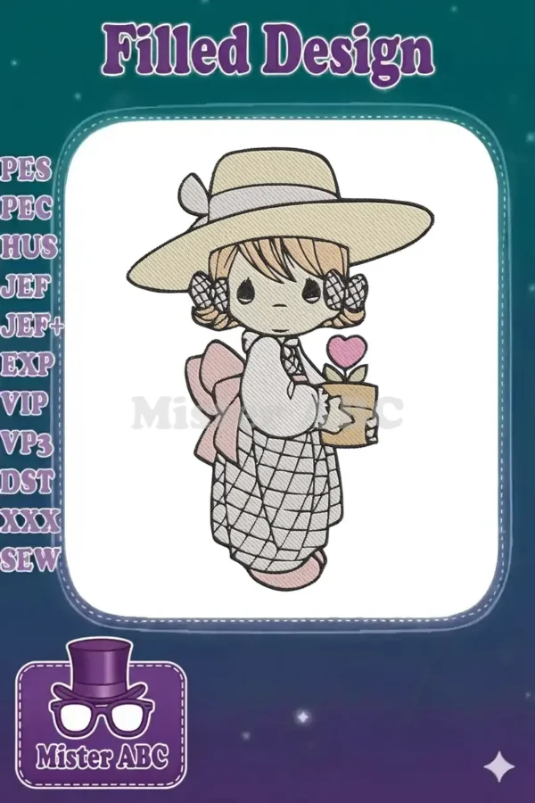 Full-color embroidered design of a girl in a wide-brimmed hat, holding a pot with a pink heart sprout.