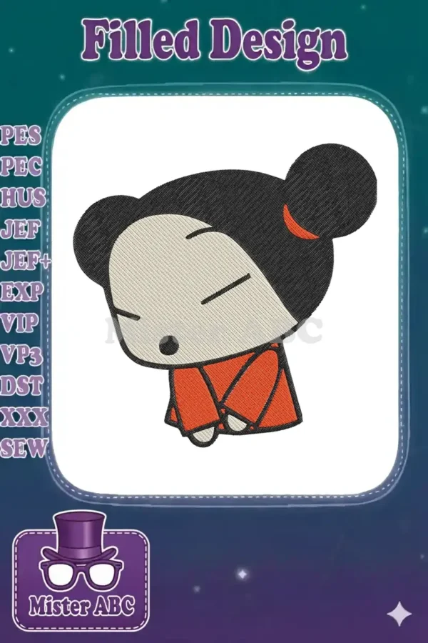 A charming embroidery of the beloved cartoon character Pucca, featuring detailed stitching in red, black, and cream.