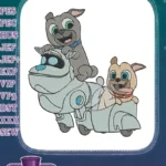 Happy Cartoon Pug Puppies Riding Robot Vehicle Embroidery Designs - Instant Download