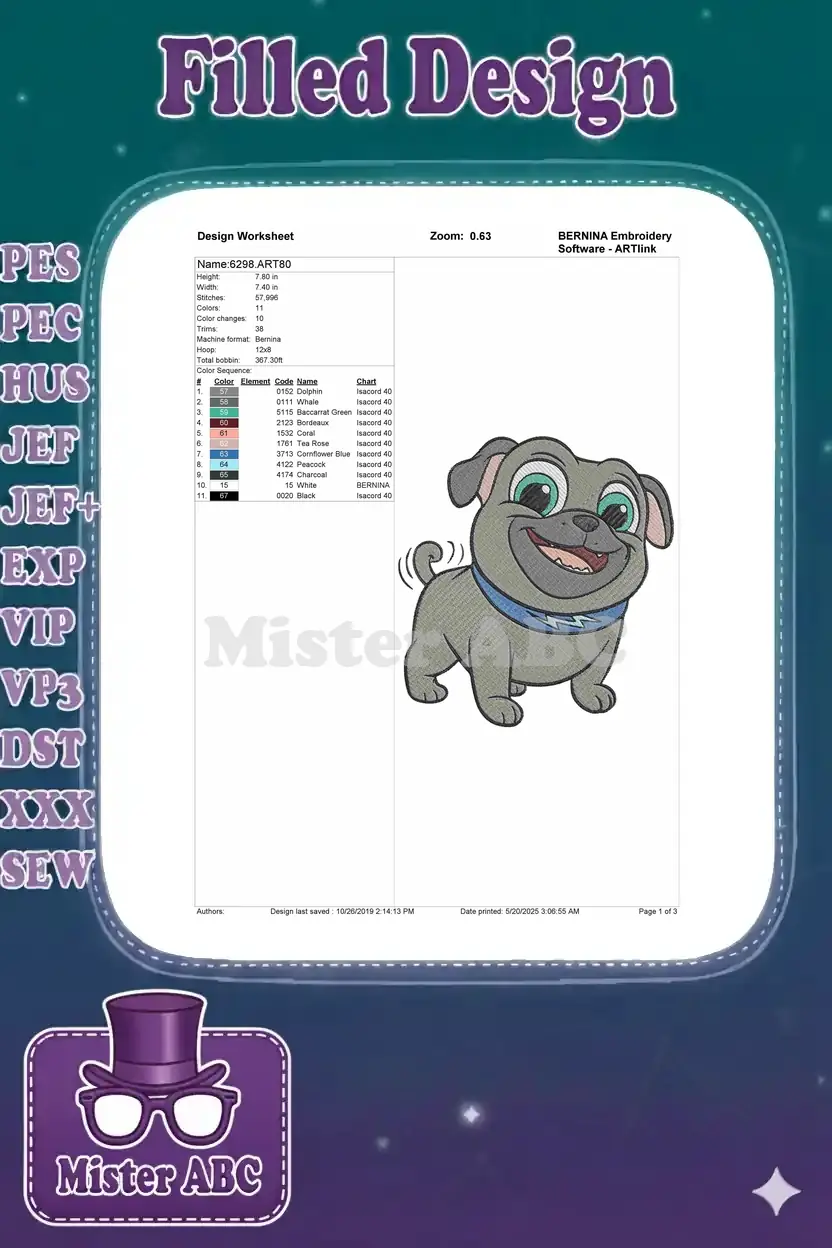 BERNINA Design Worksheet for the Rolly pug embroidery, detailing dimensions, stitch count, colors, and format.