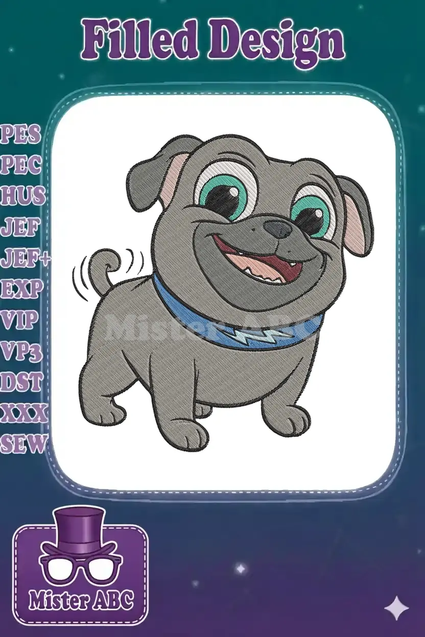 An adorable Rolly the pug embroidery design, featuring his big teal eyes, wide smile, and blue lightning bolt collar.