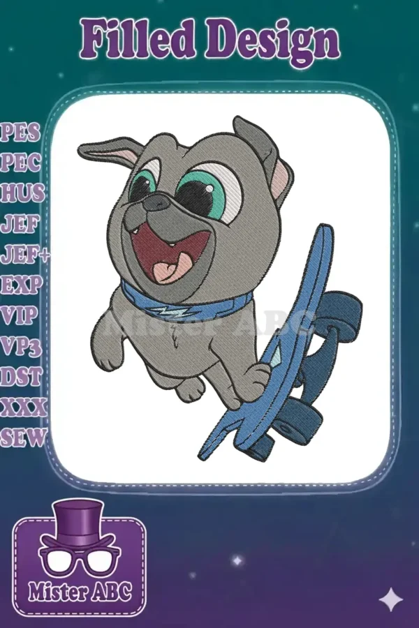 Close-up of Rolly from Puppy Dog Pals embroidery, featuring his joyful expression, blue collar, and jetpack.