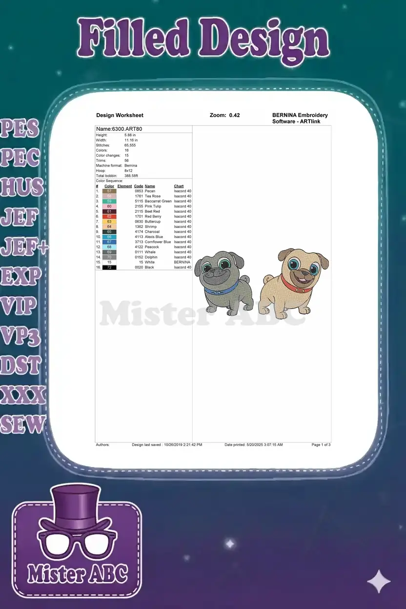 Embroidery design worksheet for item 6300, detailing dimensions, stitch count, color changes, and thread chart.