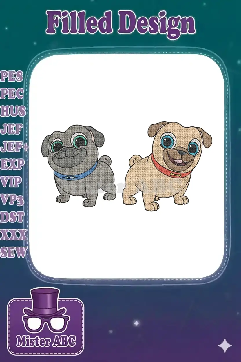 Two charming cartoon pug puppy embroidery designs, one grey with a blue collar and one fawn with a red collar.