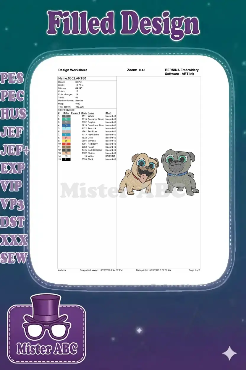 Embroidery design worksheet for Puppy Dog Pals, detailing dimensions, stitch count, colors, and thread types.