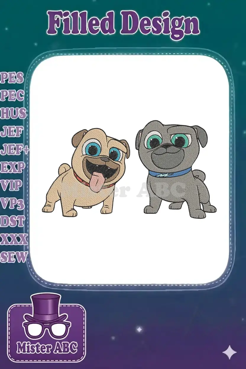Two cheerful cartoon pug puppies, Rolly and Bingo, from Puppy Dog Pals, in a vibrant embroidery design.