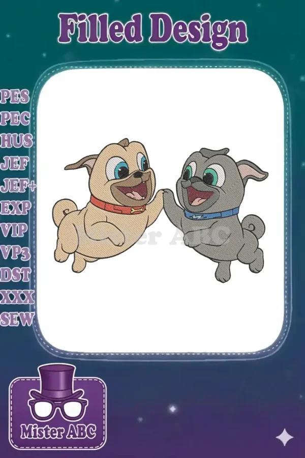 A delightful embroidery design featuring two cartoon pug puppies, one tan and one gray, high-fiving with joyous expressions.