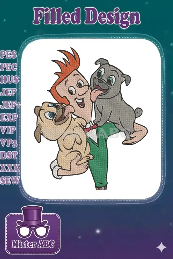 Vibrant embroidery design of Bob from Puppy Dog Pals holding his two adorable pug puppies, Bingo and Rolly.