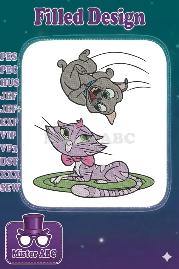 Vibrant embroidery design featuring a playful grey dog mid-tumble above a charming purple cat with a pink bow.