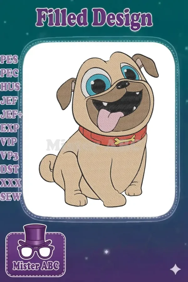 A vibrant embroidery design featuring a happy cartoon pug dog with big blue eyes, a red collar, and an open smile.