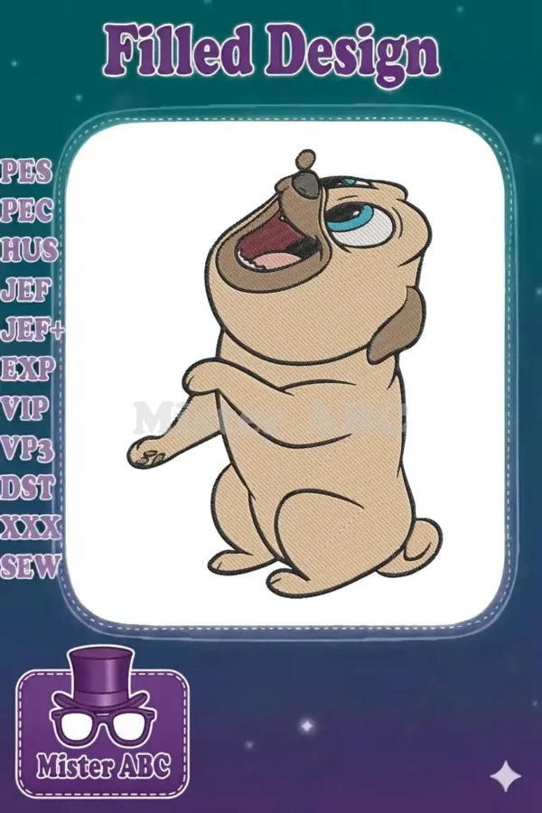 Close-up of a charming cartoon pug embroidery design, featuring a happy expression and vibrant blue eyes, ready to stitch.