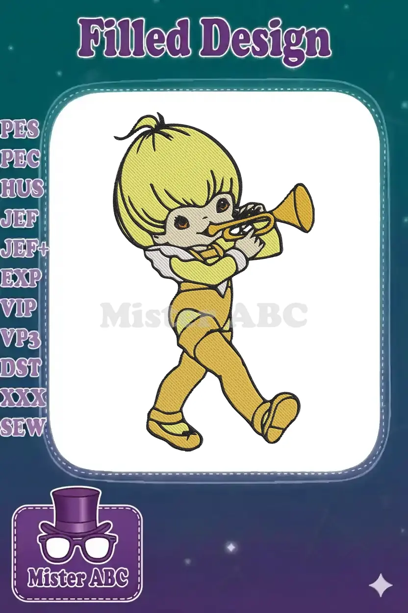 Vibrant embroidery design featuring a cheerful, blonde trumpet boy in a yellow outfit, showcasing detailed fill stitches.