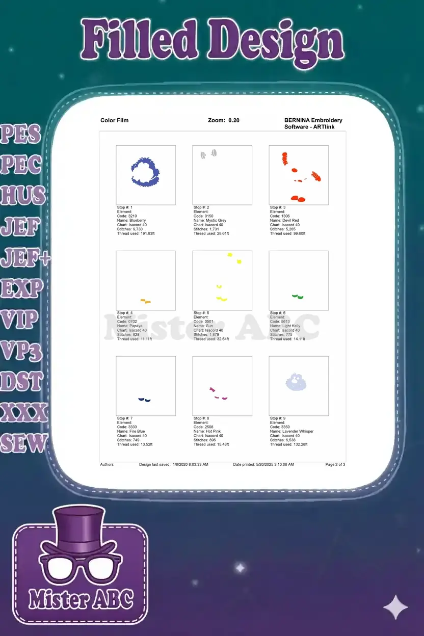 Color film showing the first nine individual color stops and stitch order for the embroidery design.