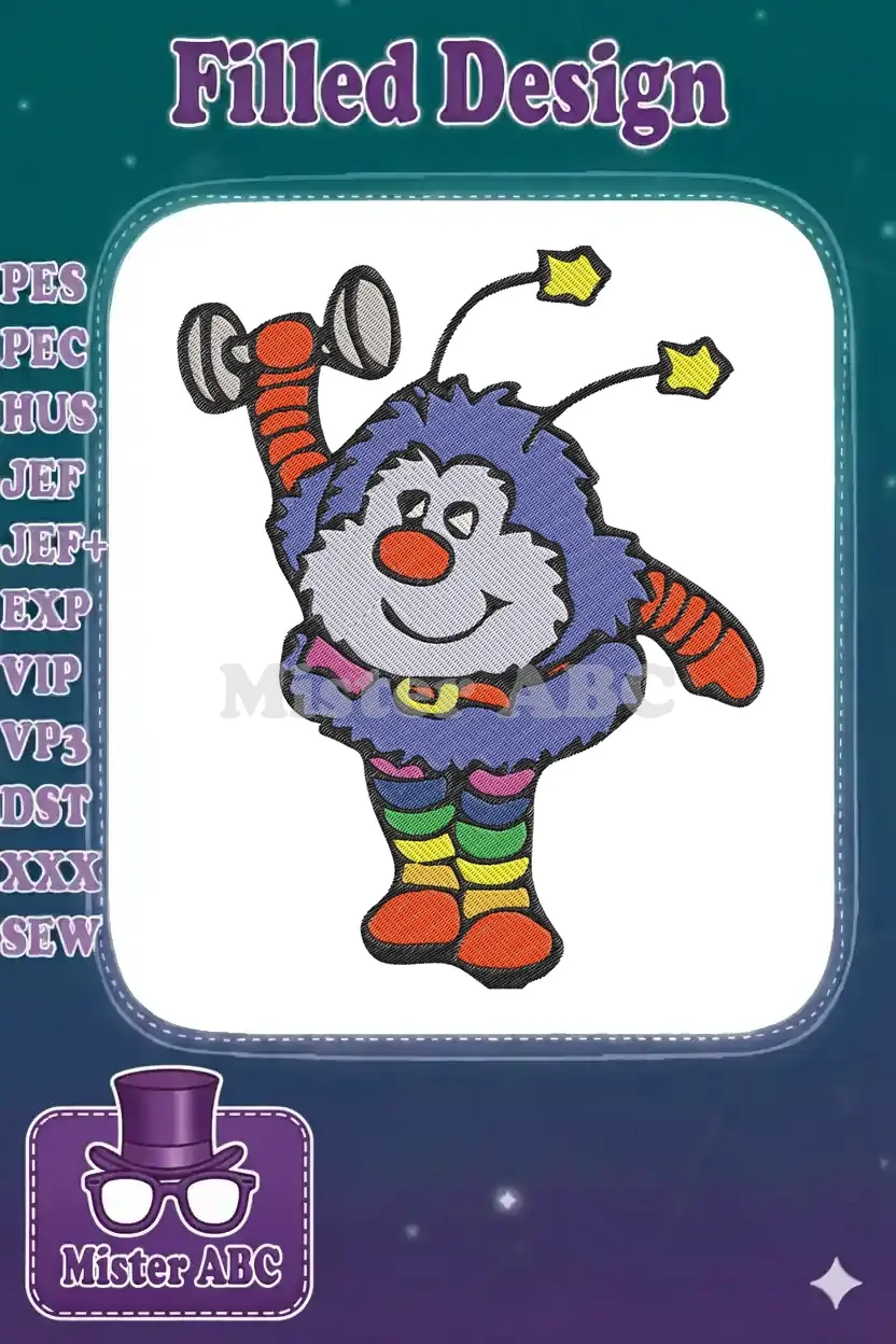 A colorful embroidery design of a friendly, fuzzy blue bug-like creature with striped legs holding a rattle.