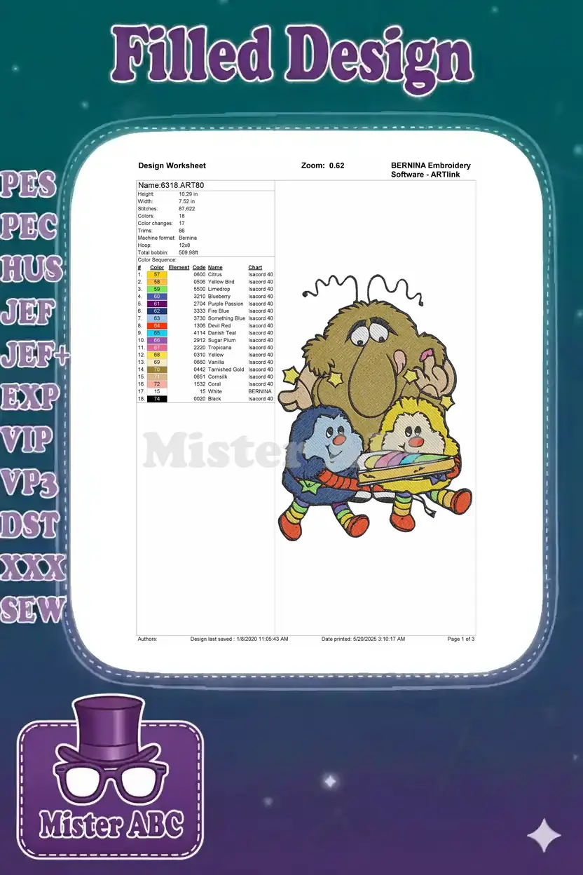 Embroidery design worksheet for Fuzzy, Wuzzy, and Bushy, detailing stitch count, dimensions, and color chart.