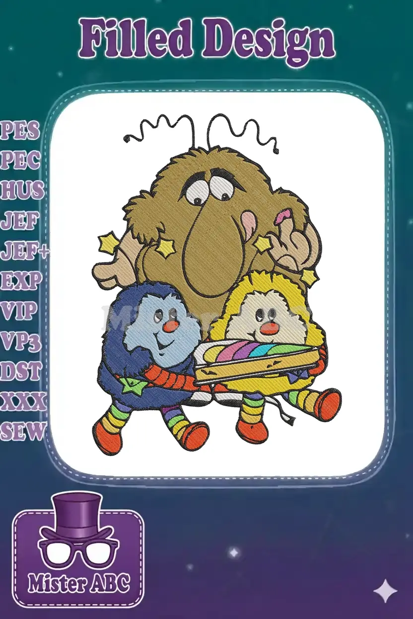 Vibrant embroidery design featuring Fuzzy, Wuzzy, and Bushy from Lady Lovely Locks, full of playful charm.