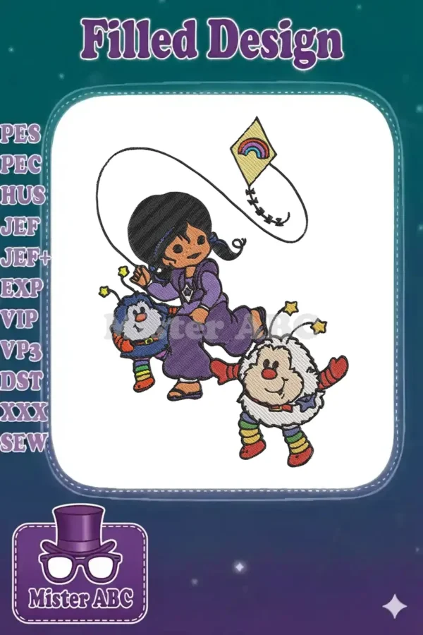 A cheerful girl in purple with two fuzzy Sprites, flying a rainbow kite, showcasing a vibrant embroidery design.