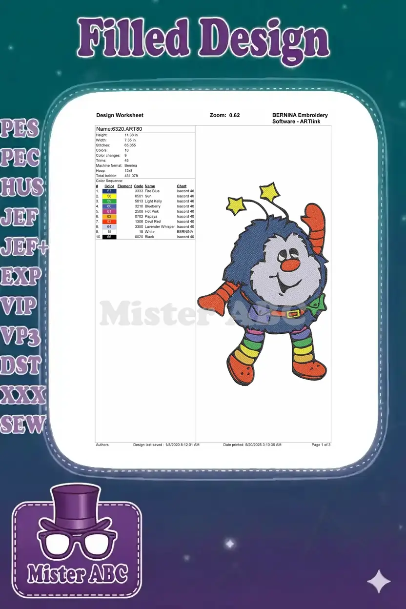 Detailed embroidery design worksheet for the Glow Worm, showing dimensions, stitch count, colors, and hoop size.