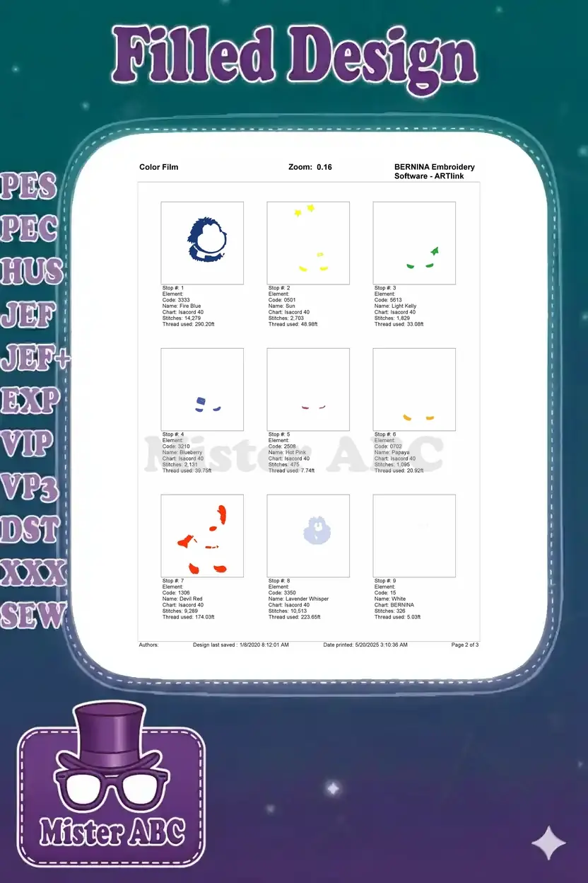 Part one of the color film breakdown for the Glow Worm design, showing individual color stops and stitch order.