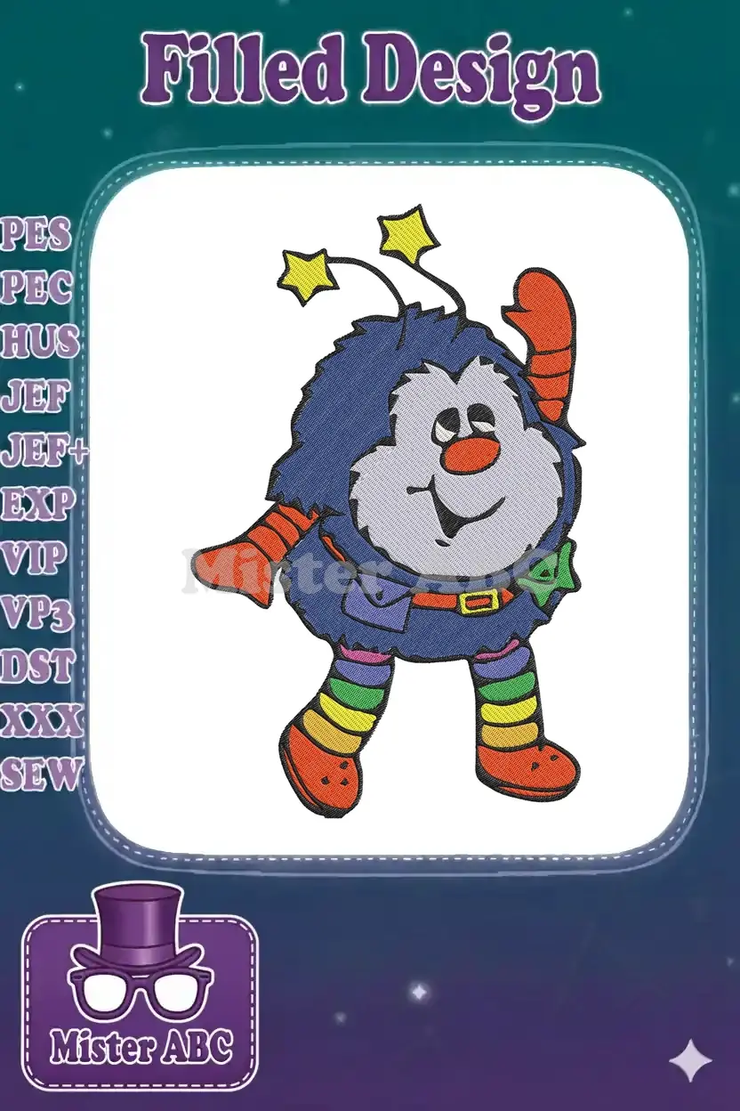 A vibrant, friendly blue Glow Worm character embroidery design with stars, rainbow stripes, and a big smile.
