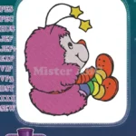Whimsical pink fluffy star antennae creature holding colorful toy embroidery designs - Instant Download