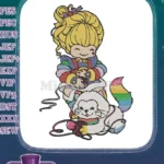 Rainbow Brite girl and cat knitting colorful yarn embroidery designs - Instant Download