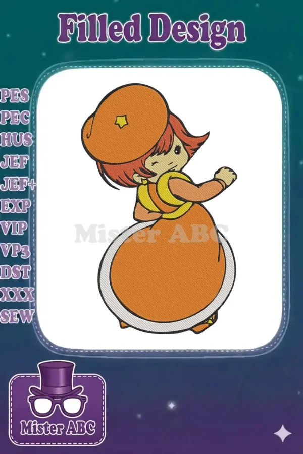 Full-color embroidery of a cheerful cartoon princess in an orange dress and hat, perfect for playful apparel.