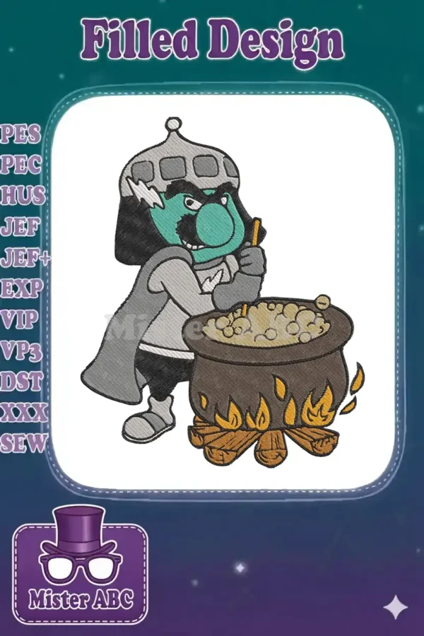 Embroidered Gargamel design featuring the villain stirring a bubbling cauldron over a campfire, ready for mischief.