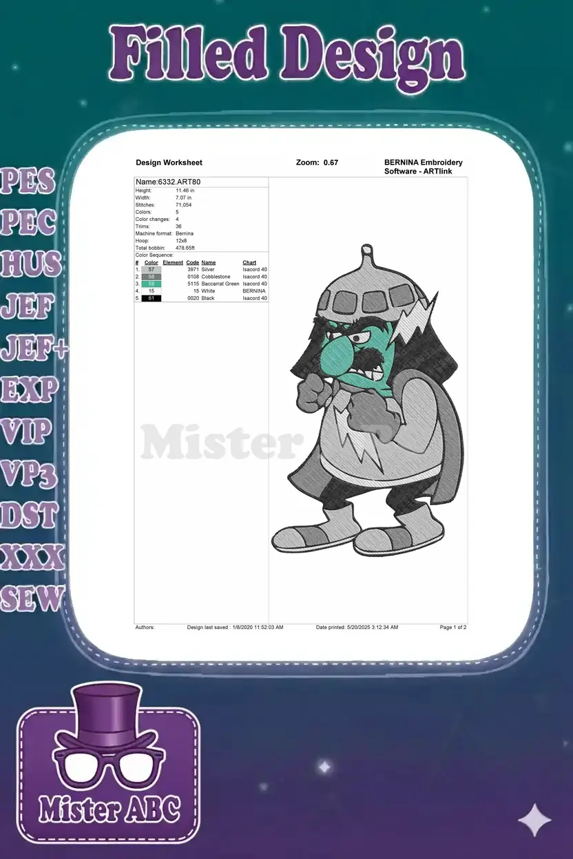 An embroidery design worksheet for Mumm-Ra, showing dimensions, stitch count, color sequence, and machine details.