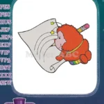Whimsical Red Fuzzy Creature Writing on White Scroll Embroidery Designs - Instant Download