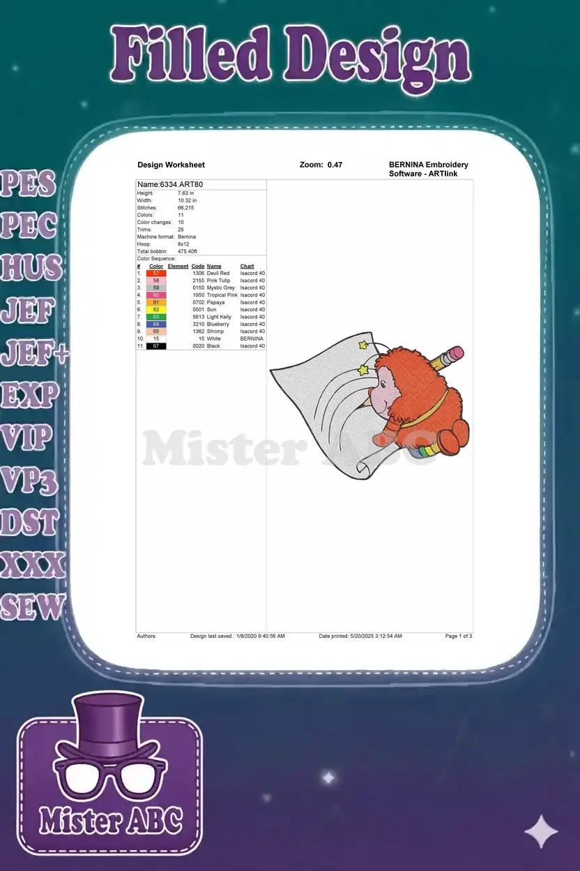 A comprehensive embroidery design worksheet detailing stitch counts, color sequence, dimensions, and machine format.