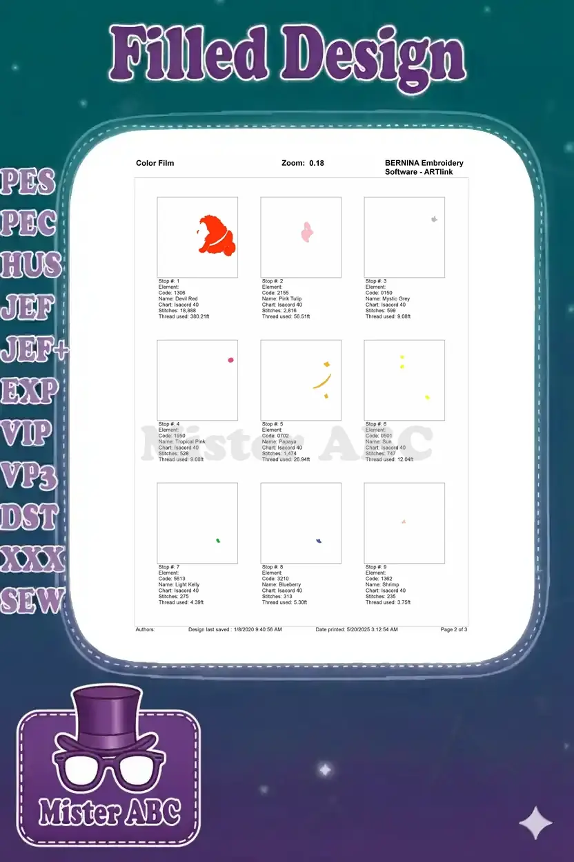 The first page of a color film breakdown, showing individual embroidery stops for the initial nine thread colors.