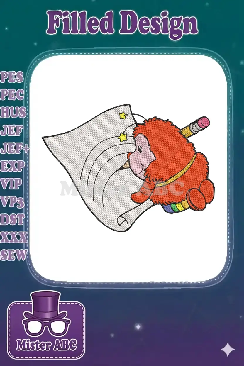 A vibrant embroidery design featuring a red, fluffy Fuzzy Wuzzy character diligently writing on a white scroll.