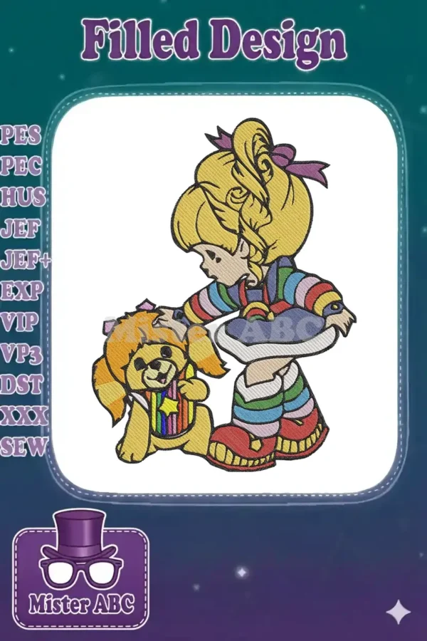 Colorful embroidery design of Rainbow Brite, a girl with blonde hair, and her companion Twink, a yellow sprite.