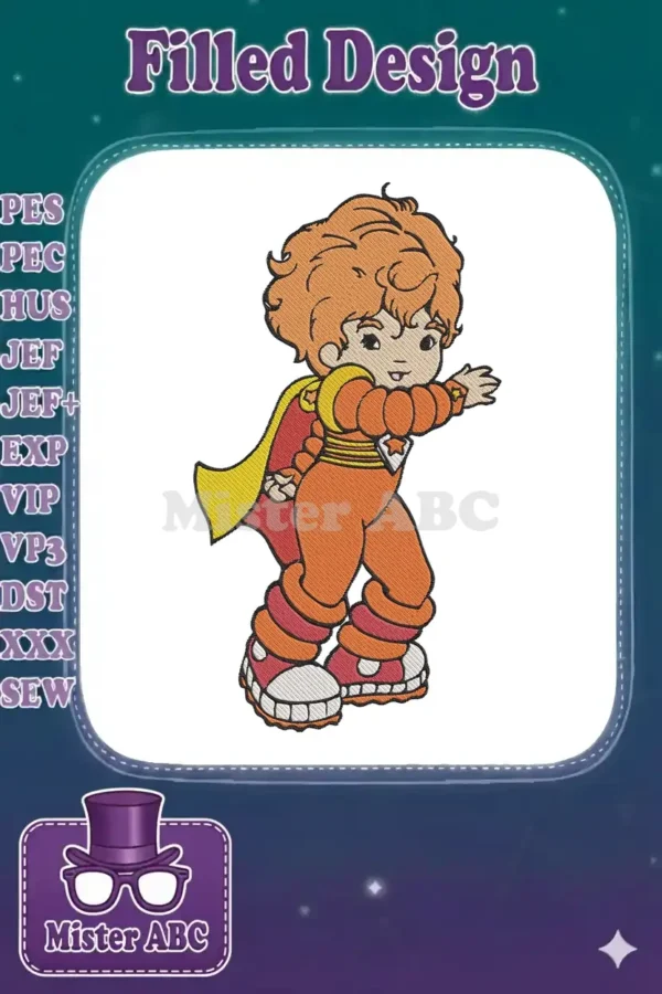 Embroidery design of Red Butler, a cheerful character with orange hair, jumpsuit, red cape, and colorful boots.