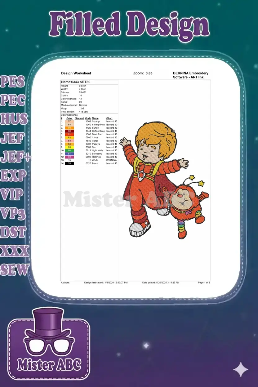 Detailed embroidery design worksheet showing Wisp and Twink, with all essential technical specifications.