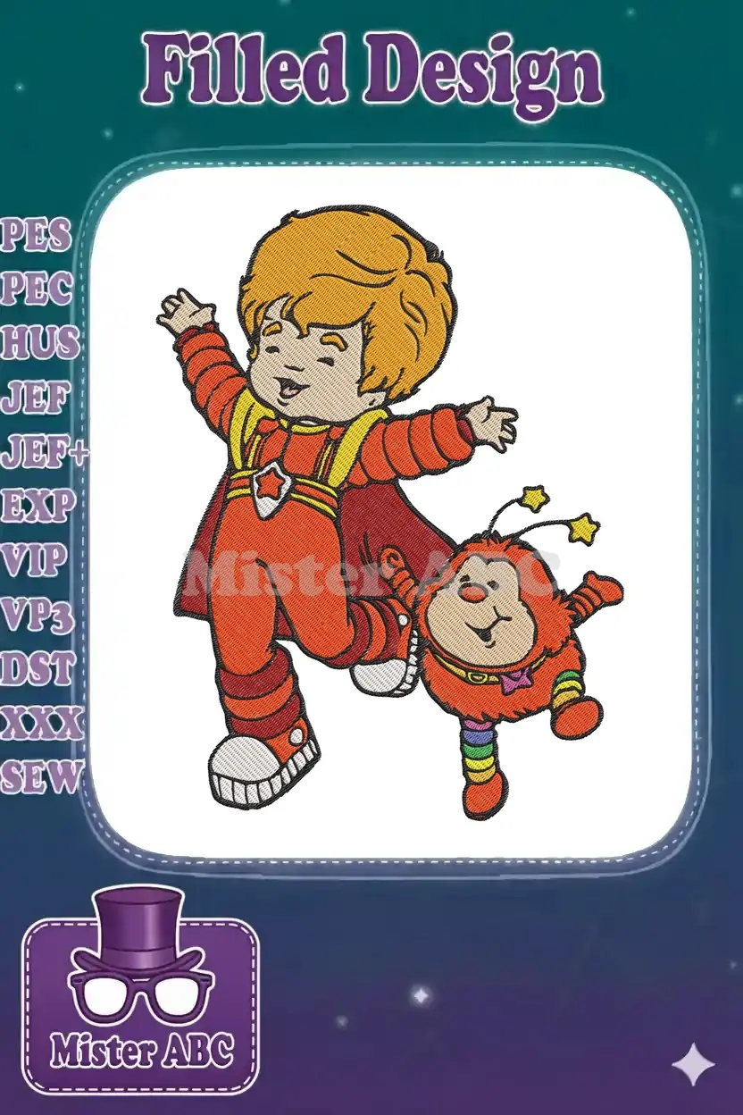 Vibrant embroidery design of Rainbow Brite's friend Wisp and Twink, ready for adventure and full of cheer.
