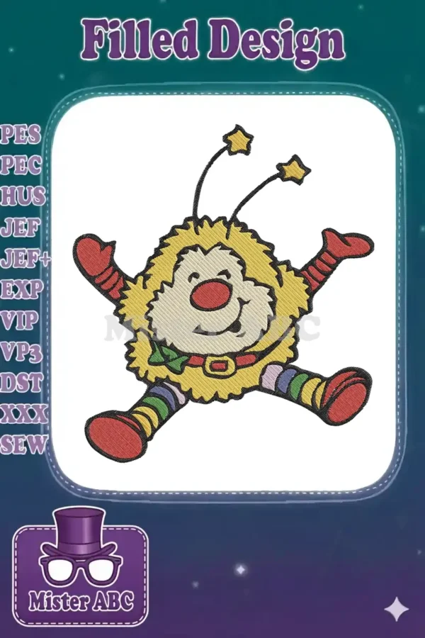Captivating embroidery design of a cheerful yellow fuzzy monster with red accents and star antennae, full of joyful energy.