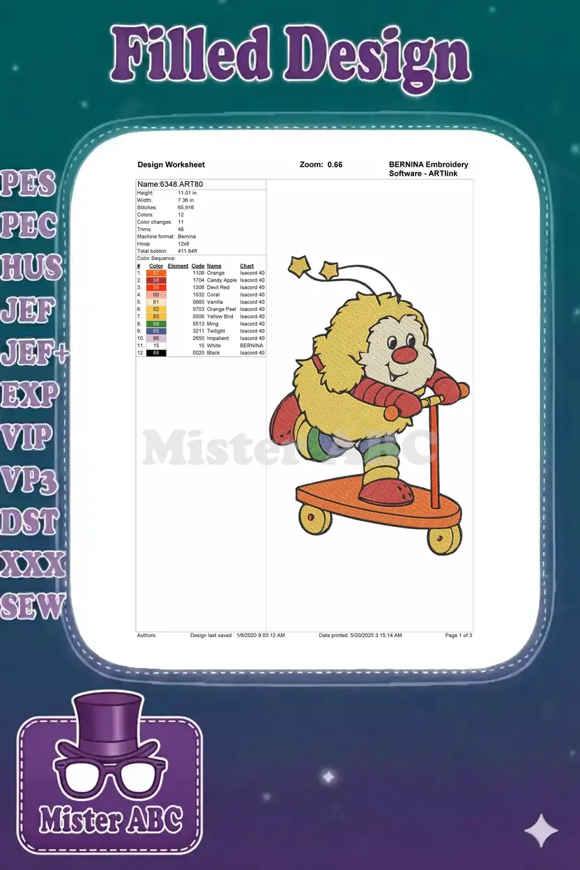 Embroidery worksheet for design 6348.ART80, detailing stitch count, dimensions, and color sequence.