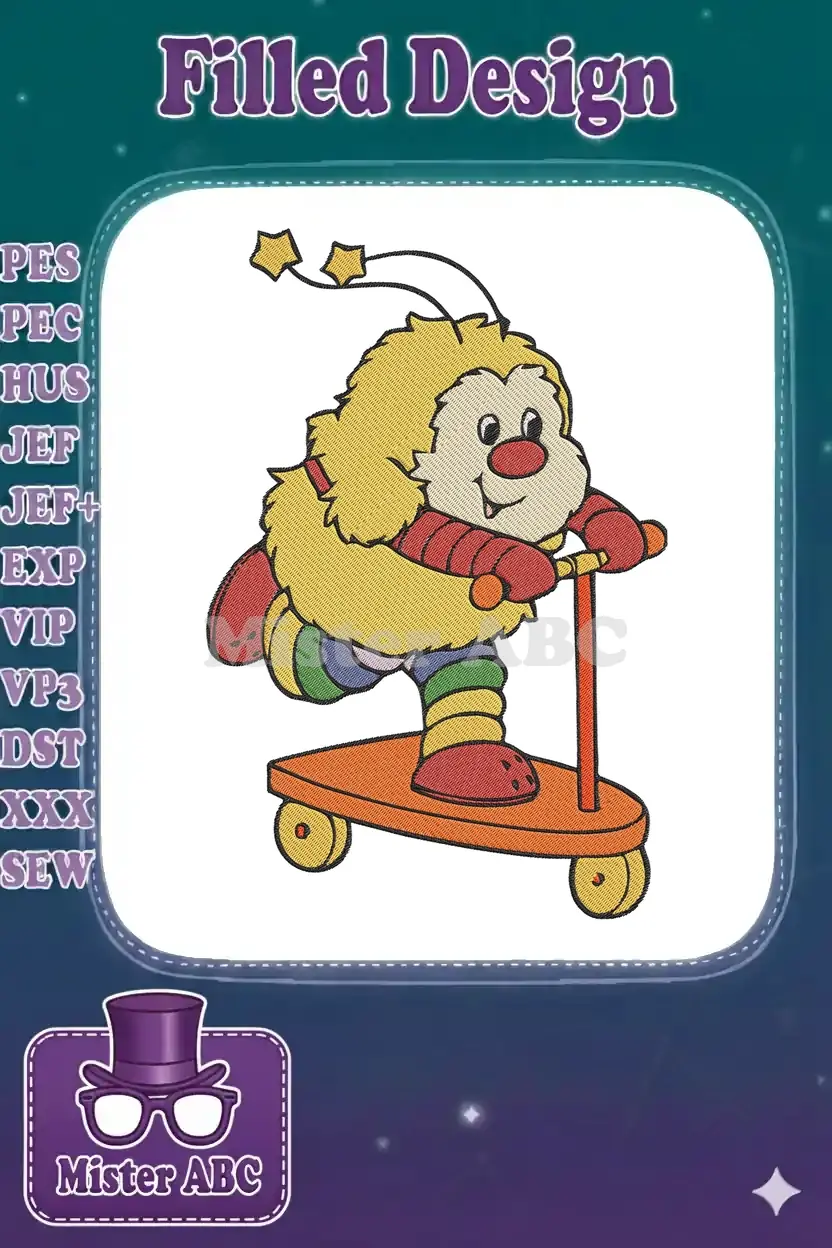 Vibrant embroidery of a fuzzy yellow character with a red nose, rainbow pants, riding an orange scooter.